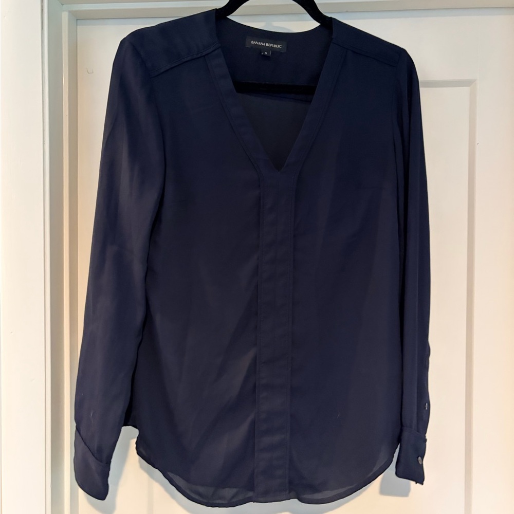 Banana Republic Deep Navy V-Neck Long Sleeve Blouse